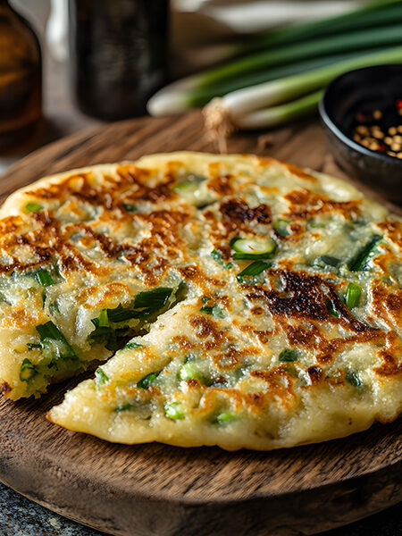 Crispy keto scallion pancakes with vibrant green onions and sesame seeds on a wooden serving board with dipping sauce