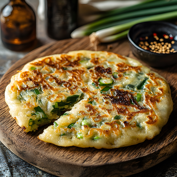 Crispy keto scallion pancakes with vibrant green onions and sesame seeds on a wooden serving board with dipping sauce