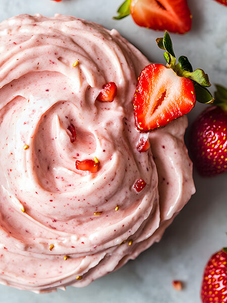 Creamy keto strawberry butter with fresh strawberries on marble surface