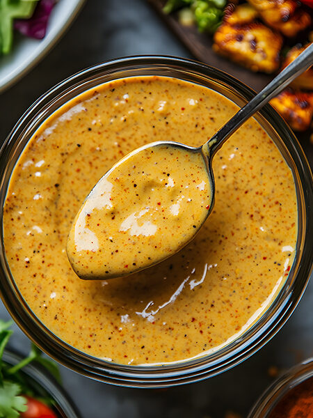 Keto sweet and smoky dressing in a glass bowl with a spoon drizzling sauce