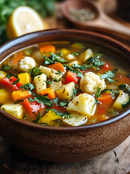 A bowl of rich, steaming keto vegetable soup with fresh herbs and a golden broth