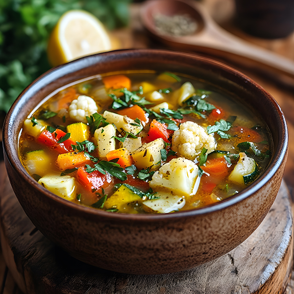 A bowl of rich, steaming keto vegetable soup with fresh herbs and a golden broth