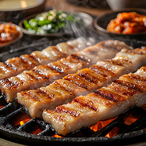 Grilled pork belly slices sizzling on a Korean BBQ grill with dipping sauces and kimchi on the side.