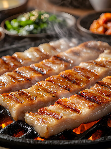 Grilled pork belly slices sizzling on a Korean BBQ grill with dipping sauces and kimchi on the side.