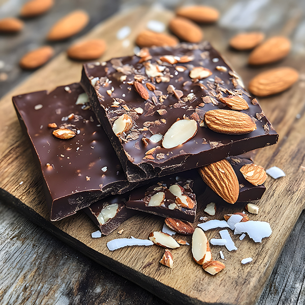 A keto-friendly dark chocolate bar with almonds, coconut, and crunchy textures.