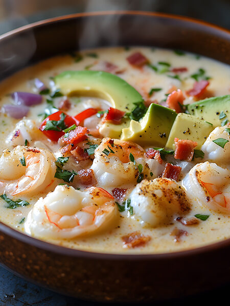 Keto Coconut Seafood Chowder with shrimp, scallops, and white fish in a creamy broth with cauliflower