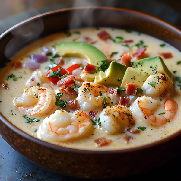 Keto Coconut Seafood Chowder with shrimp, scallops, and white fish in a creamy broth with cauliflower