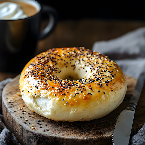 A fresh keto New York-style bagel with everything seasoning and cream cheese.