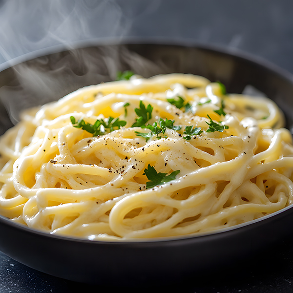Creamy keto egg noodle alfredo with fresh parsley garnish on black bowl
