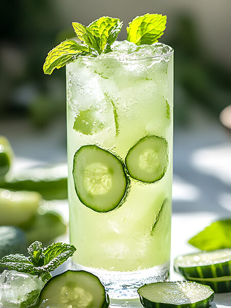 Refreshing cucumber mint keto cooler in a tall glass with ice and garnishes