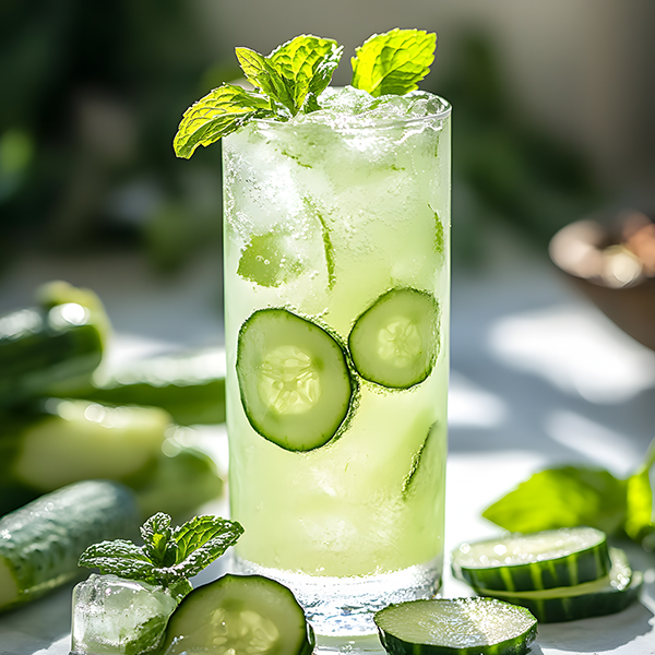 Refreshing cucumber mint keto cooler in a tall glass with ice and garnishes