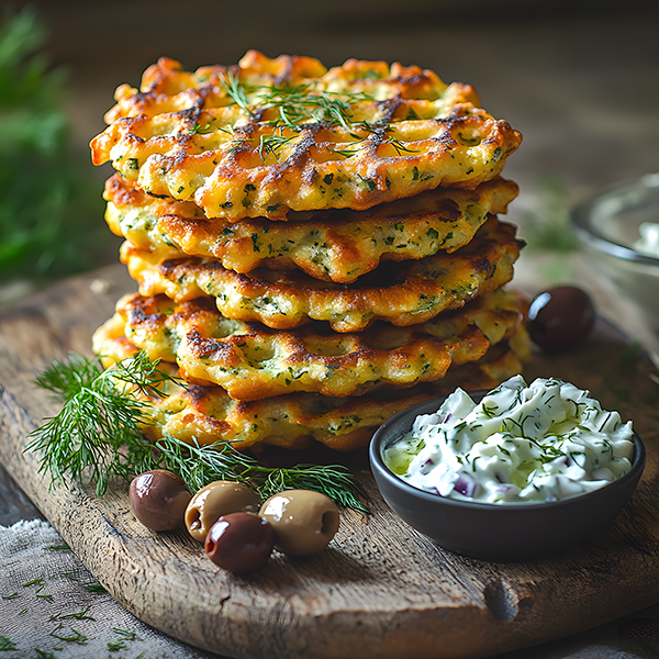 Crispy Mediterranean herb chaffles with feta cheese, herbs, and tzatziki sauce on a wooden serving board