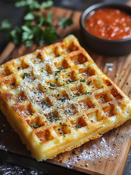 Crispy golden Garlic Parmesan Chaffle with marinara sauce and fresh herbs