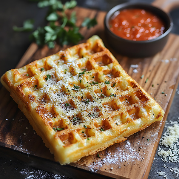 Crispy golden Garlic Parmesan Chaffle with marinara sauce and fresh herbs