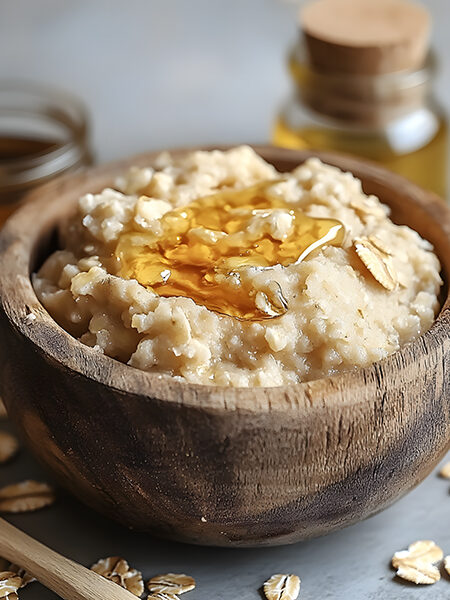 Homemade oatmeal honey exfoliating face scrub in wooden bowl with natural ingredients