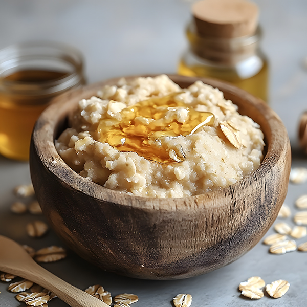 Homemade oatmeal honey exfoliating face scrub in wooden bowl with natural ingredients