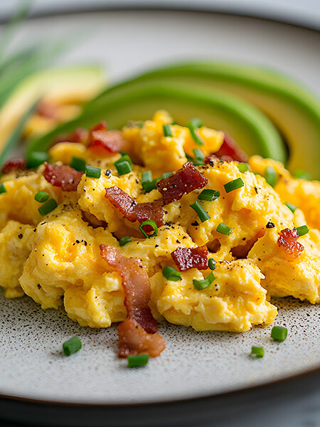 Keto breakfast scrambled eggs with bacon and avocado