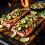 Grilled keto salmon fillet with avocado salsa on cedar plank surrounded by limes and fresh herbs