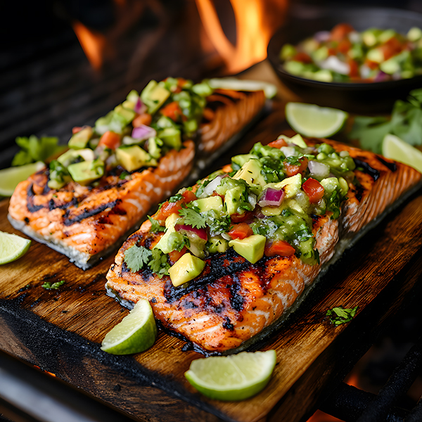 Grilled keto salmon fillet with avocado salsa on cedar plank surrounded by limes and fresh herbs