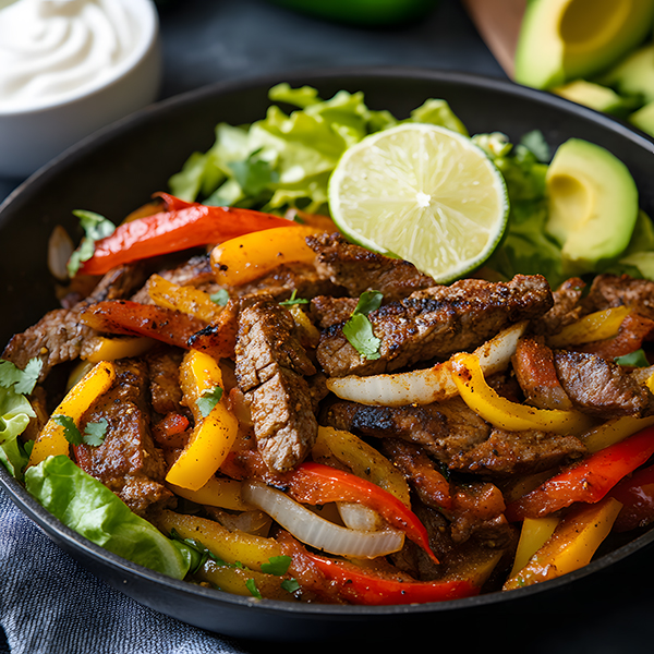 A skillet of keto fajitas with seasoned steak, bell peppers, and onions, garnished with lime.