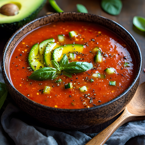 A chilled bowl of keto-friendly gazpacho, garnished with basil and a drizzle of olive oil.
