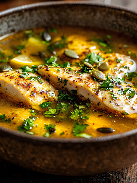 Rich, golden keto bone broth soup topped with crispy garlic-herb chicken and fresh parsley.
