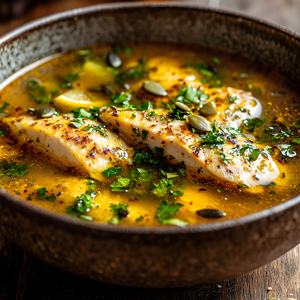 Rich, golden keto bone broth soup topped with crispy garlic-herb chicken and fresh parsley.