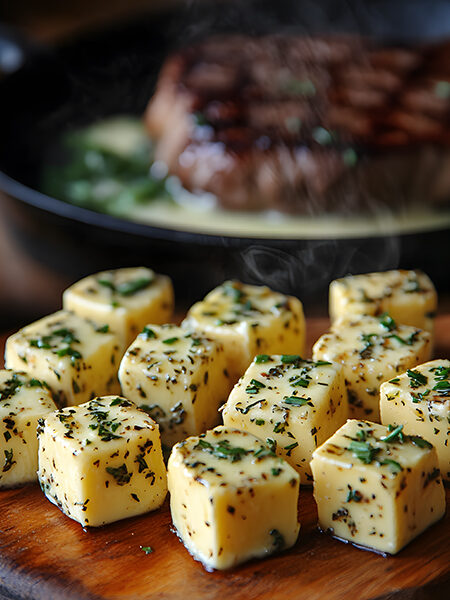 Herb and garlic keto butter bombs with MCT oil on a wooden board, melting over a seared steak and roasted vegetables.