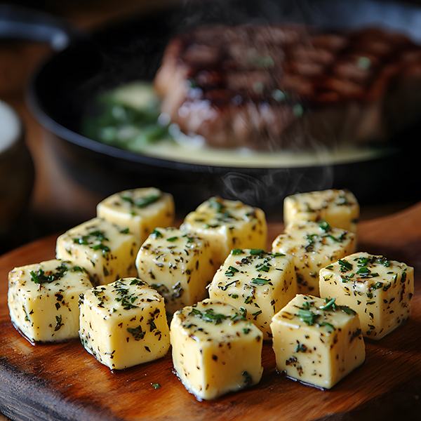 Herb and garlic keto butter bombs with MCT oil on a wooden board, melting over a seared steak and roasted vegetables.