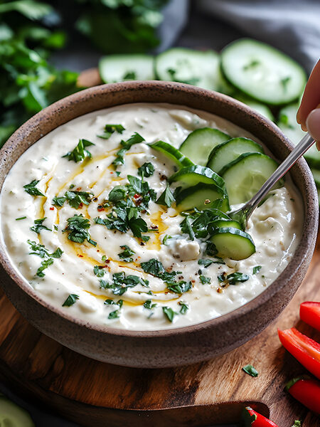 A bowl of keto roasted garlic dip with fresh vegetables on a wooden platter.