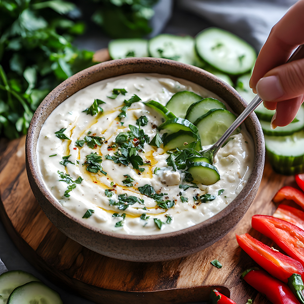 A bowl of keto roasted garlic dip with fresh vegetables on a wooden platter.
