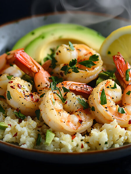 Keto lemon garlic butter shrimp with cauliflower rice, avocado, and fresh herbs