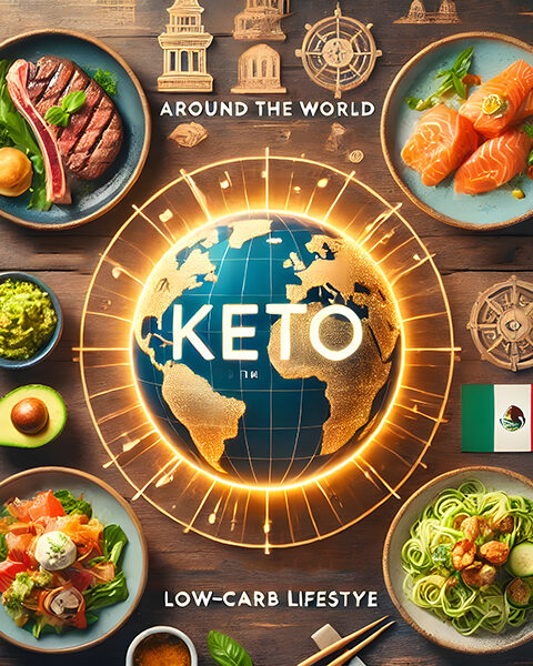 A vibrant food collage showcasing keto-friendly dishes from around the world, including French steak with garlic butter, Japanese salmon sashimi, Mexican guacamole with chicharrónes, and Italian zucchini noodles with pesto, centered around a glowing world globe.