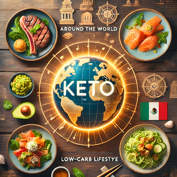 A vibrant food collage showcasing keto-friendly dishes from around the world, including French steak with garlic butter, Japanese salmon sashimi, Mexican guacamole with chicharrónes, and Italian zucchini noodles with pesto, centered around a glowing world globe.