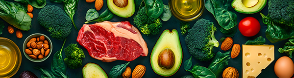 Flat lay of high-fiber, low-moisture foods including avocados, broccoli, steak, spinach, eggs, almonds, cheese, olive oil and vegetables arranged on a dark background.