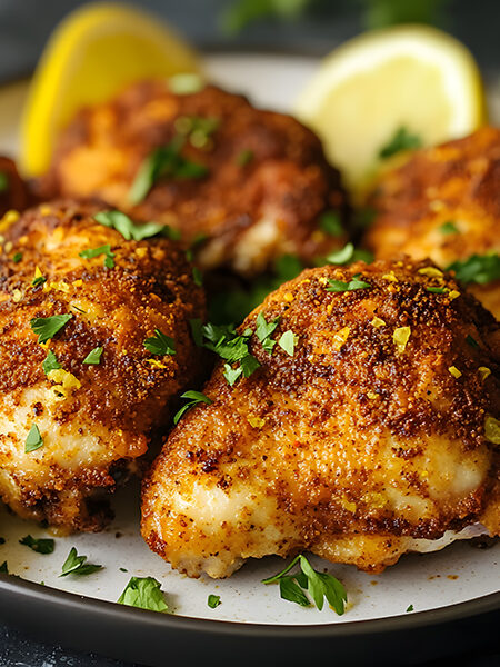 Golden-brown air fryer chicken garnished with lemon zest on a plate surrounded by fresh herbs and citrus slices.