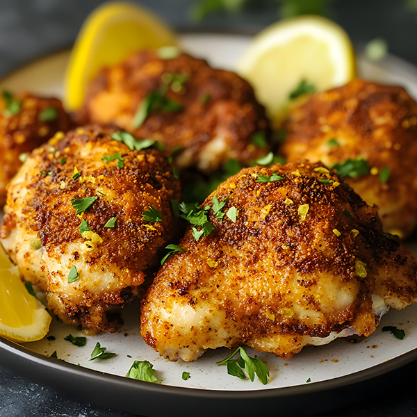 Golden-brown air fryer chicken garnished with lemon zest on a plate surrounded by fresh herbs and citrus slices.