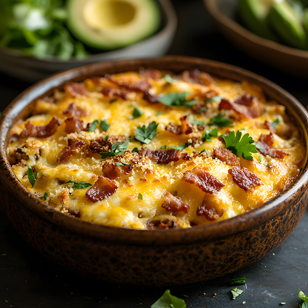 Keto Bacon Cheeseburger Casserole with Crispy Topping in Rustic Dish