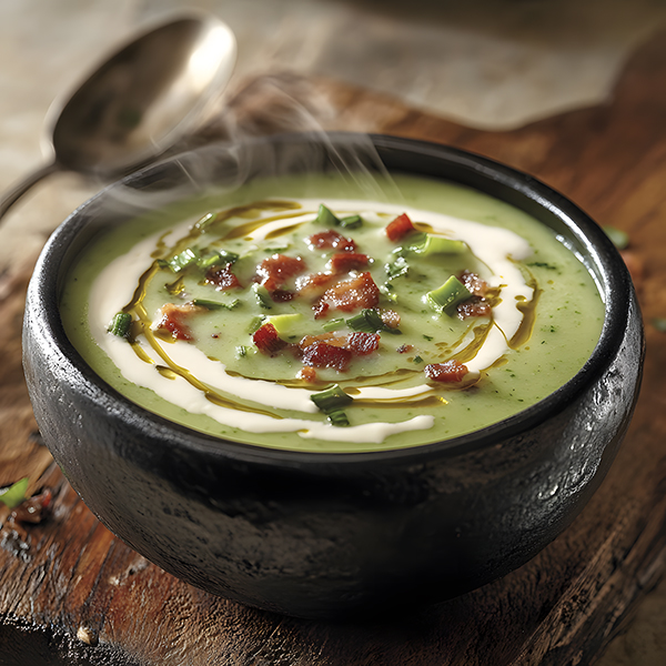 Creamy keto celery soup garnished with crispy bacon and cream swirl in a black bowl on a rustic board.