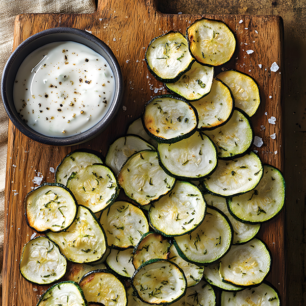 Golden-edged baked zucchini chips spilling from parchment onto wooden board beside ranch dip.