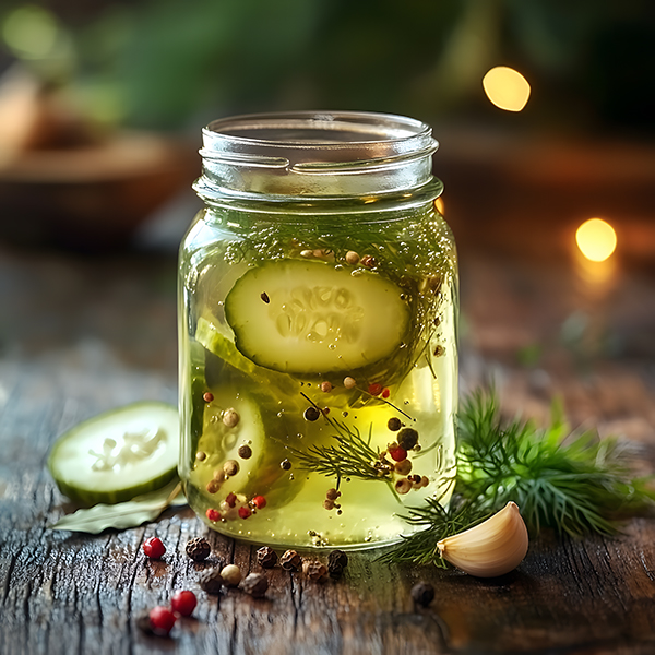 A clear glass of pickle brine with garlic, bay leaf, and peppercorns on a rustic table