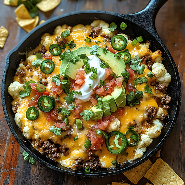Loaded keto cauliflower nachos with beef, cheese, and avocado in a skillet