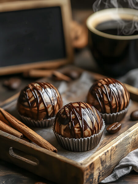 Marble Keto Coffee Fat Bombs with Cocoa Swirl on Rustic Tray