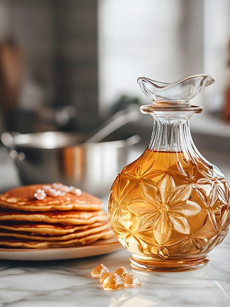 A clear bottle filled with thick, golden homemade keto syrup