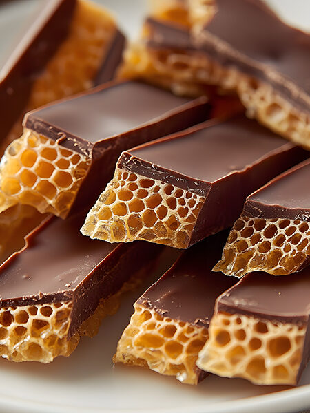 Keto honeycomb candy pieces in a glass jar, some chocolate-dipped