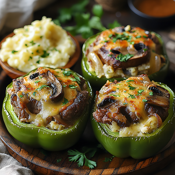 Cheesy keto Philly cheesesteak stuffed bell peppers on a wooden plate with a side of cauliflower mash.