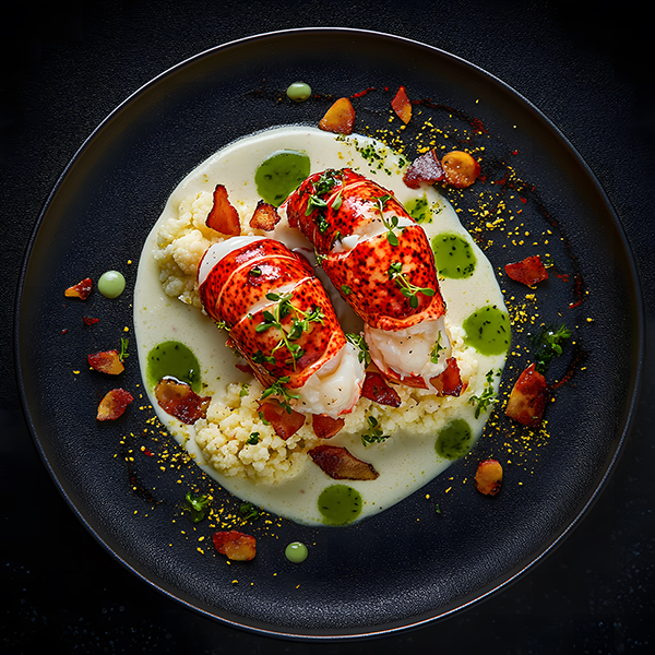 Butter-poached lobster halves on creamy cauliflower purée with green chive oil and pancetta crumb on slate plate.
