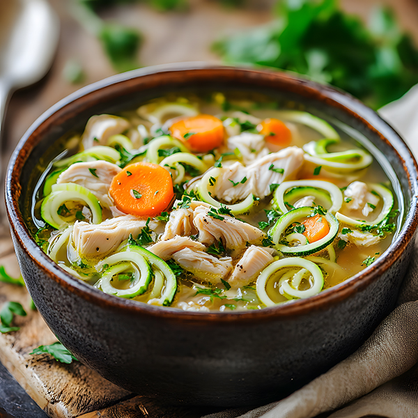 Keto chicken noodle soup with spiralized zucchini, chicken chunks, and bone broth in a rustic bowl