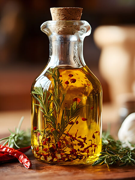 A clear glass bottle of golden avocado oil infused with garlic, herbs, and red chili.