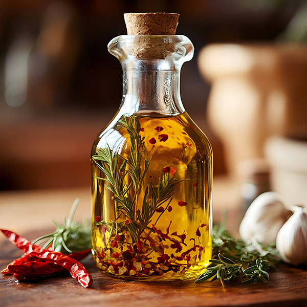 A clear glass bottle of golden avocado oil infused with garlic, herbs, and red chili.